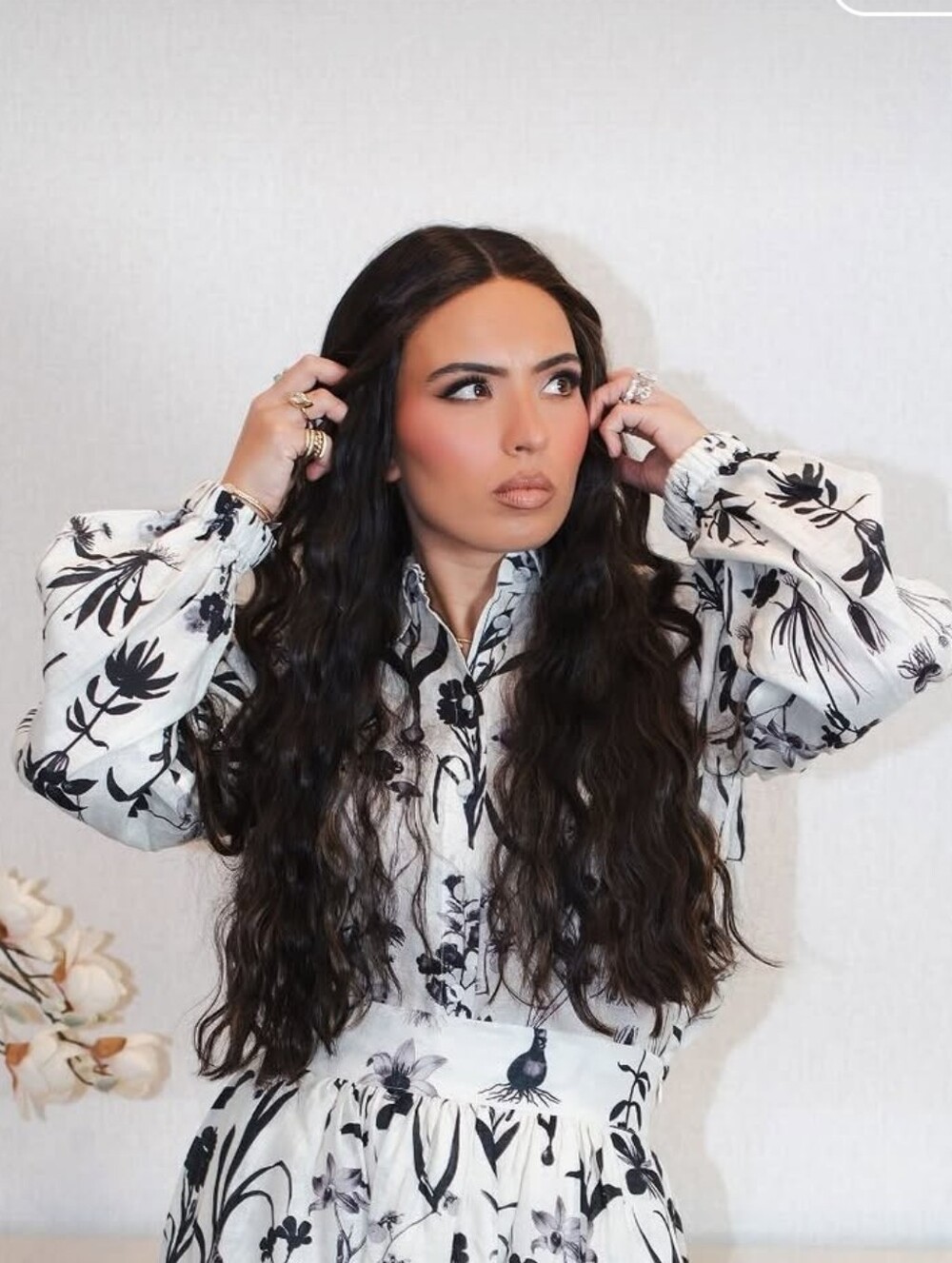 Designer Black & White Floral Button-Down Blouse